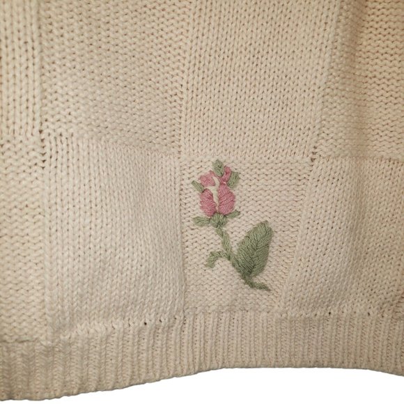 VTG Chain/Waffle Knit Short Sleeve Sweater Pastel Pink Embroidered Rose Floral - Picture 3 of 5